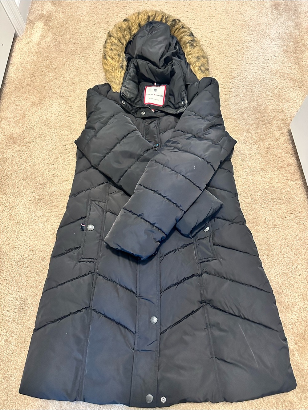 Tommy Hilfiger Black Long Quilted Puffer Coat with Faux-Fur Hood